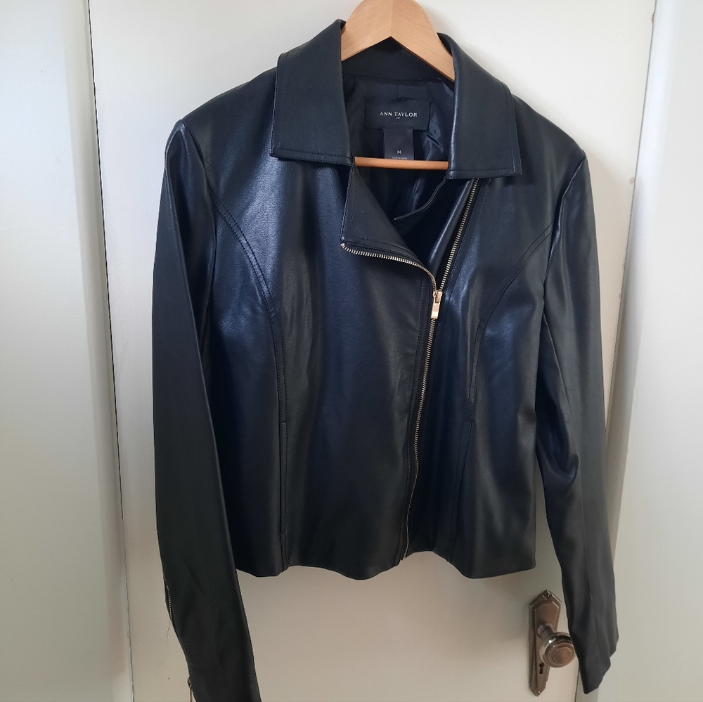 Ann Taylor, black faux leather jacket, size med.